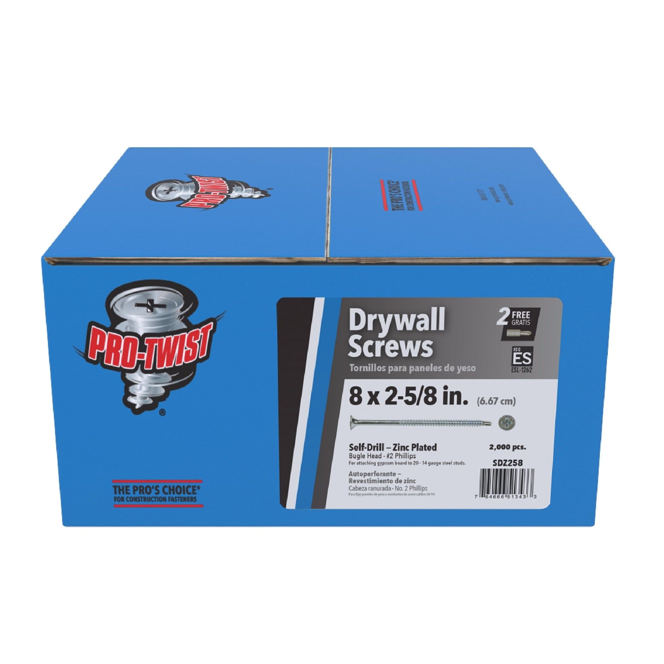 A blue box titled Pro-Twist showcases 2,000 PRO-TWIST SDZ258 #8 x 2-5/8 in. Zinc Plated #2 Phillips Bugle Head Fine Thread Drywall Screws, featuring an image of a self-drilling tip screw and additional details.